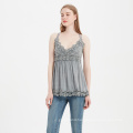 women spaghetti top washed grey color lace hem elegant sexy V neck girl lace camisole with flared edge